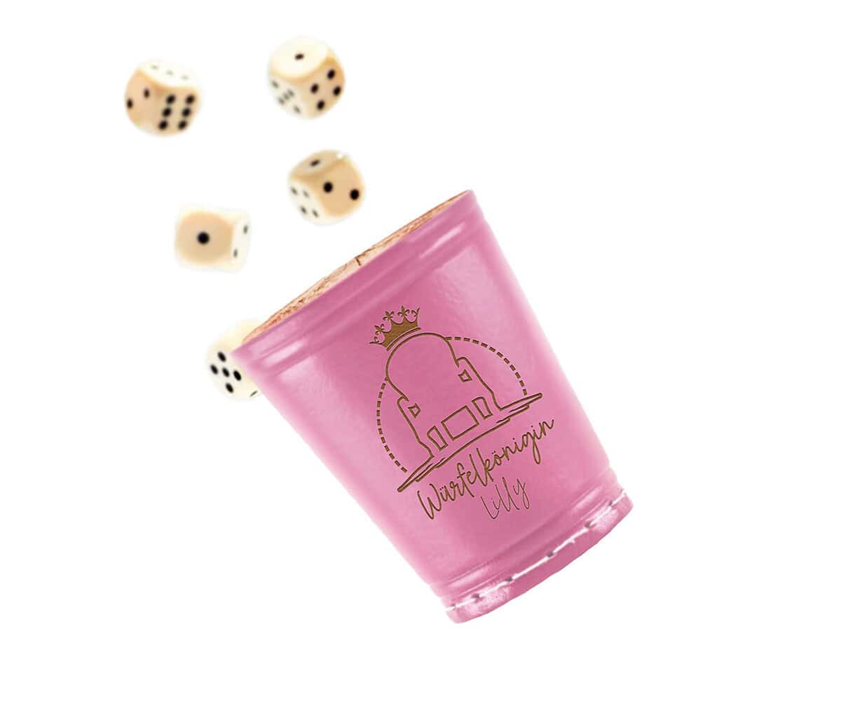 Leder Würfelbecher mit Gravur - PINK - inkl. 5 Würfel