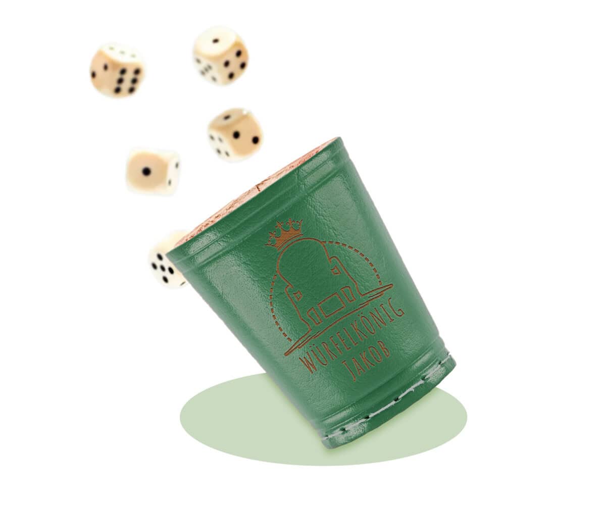 Leder Würfelbecher mit Gravur - HELLGRUEN - inkl. 5 Würfel