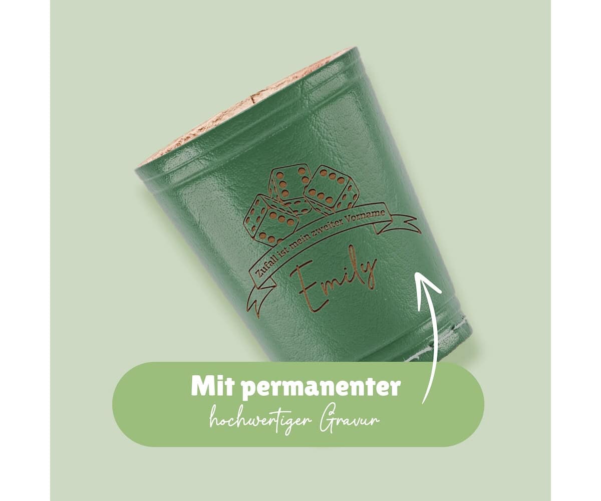 Leder Würfelbecher mit Gravur - HELLGRUEN - inkl. 5 Würfel