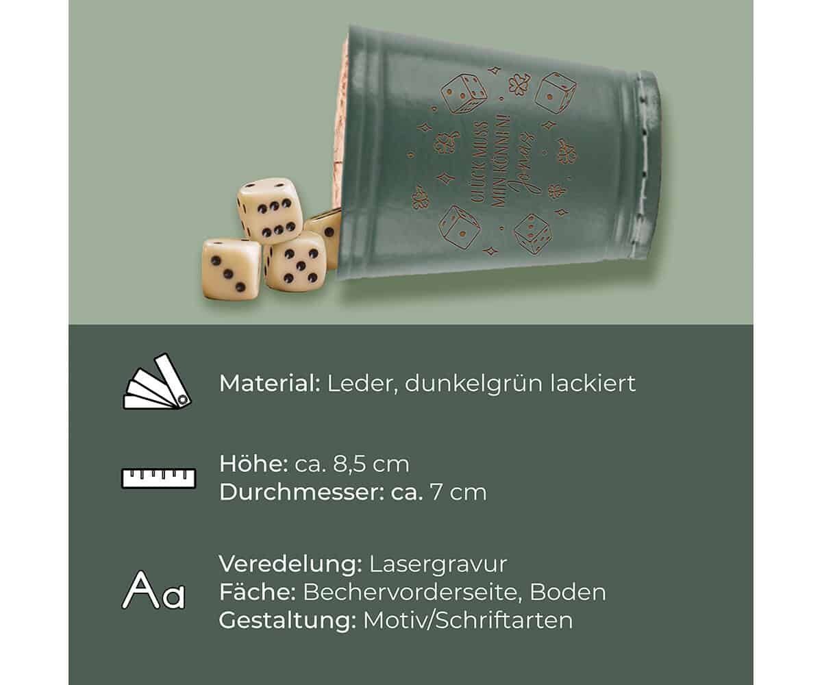 Leder Würfelbecher mit Gravur - DUNKELGRUEN - inkl. 5 Würfel