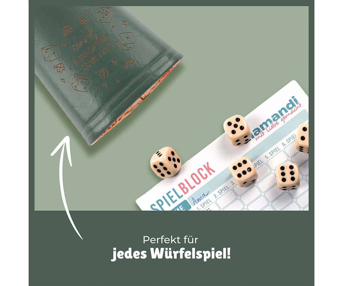 Leder Würfelbecher mit Gravur - DUNKELGRUEN - inkl. 5 Würfel