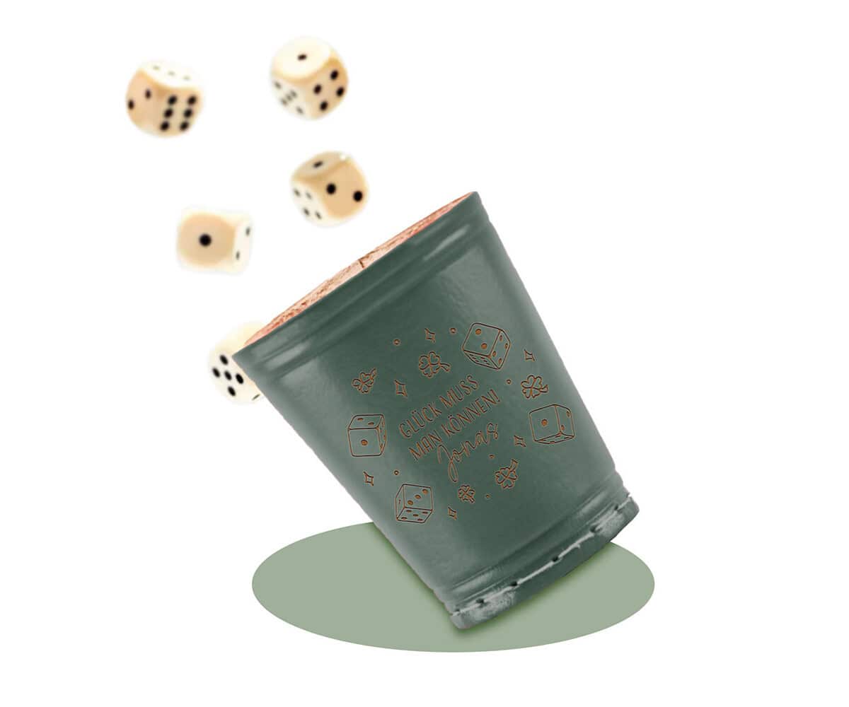 Leder Würfelbecher mit Gravur - DUNKELGRUEN - inkl. 5 Würfel