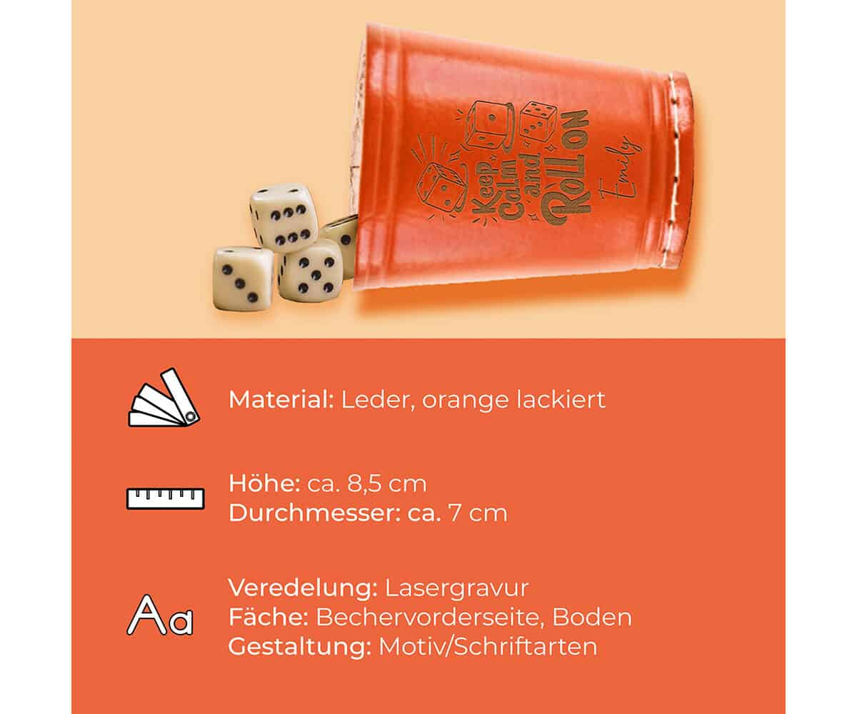 Leder Würfelbecher mit Gravur - ORANGE - inkl. 5 Würfel