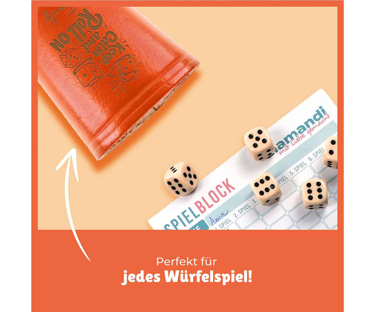 Leder Würfelbecher mit Gravur - ORANGE - inkl. 5 Würfel