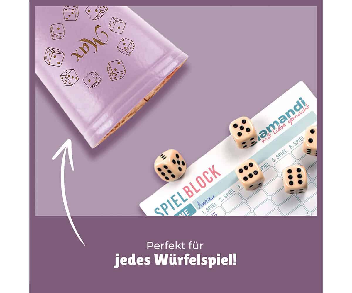 Leder Würfelbecher mit Gravur - FLIEDER - inkl. 5 Würfel