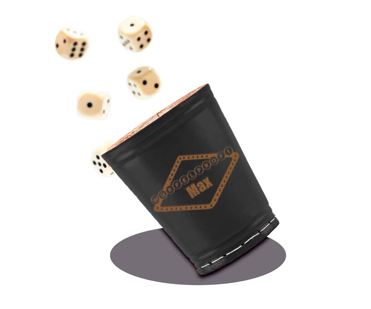 Leder Würfelbecher mit Gravur - SCHWARZ - inkl. 5 Würfel