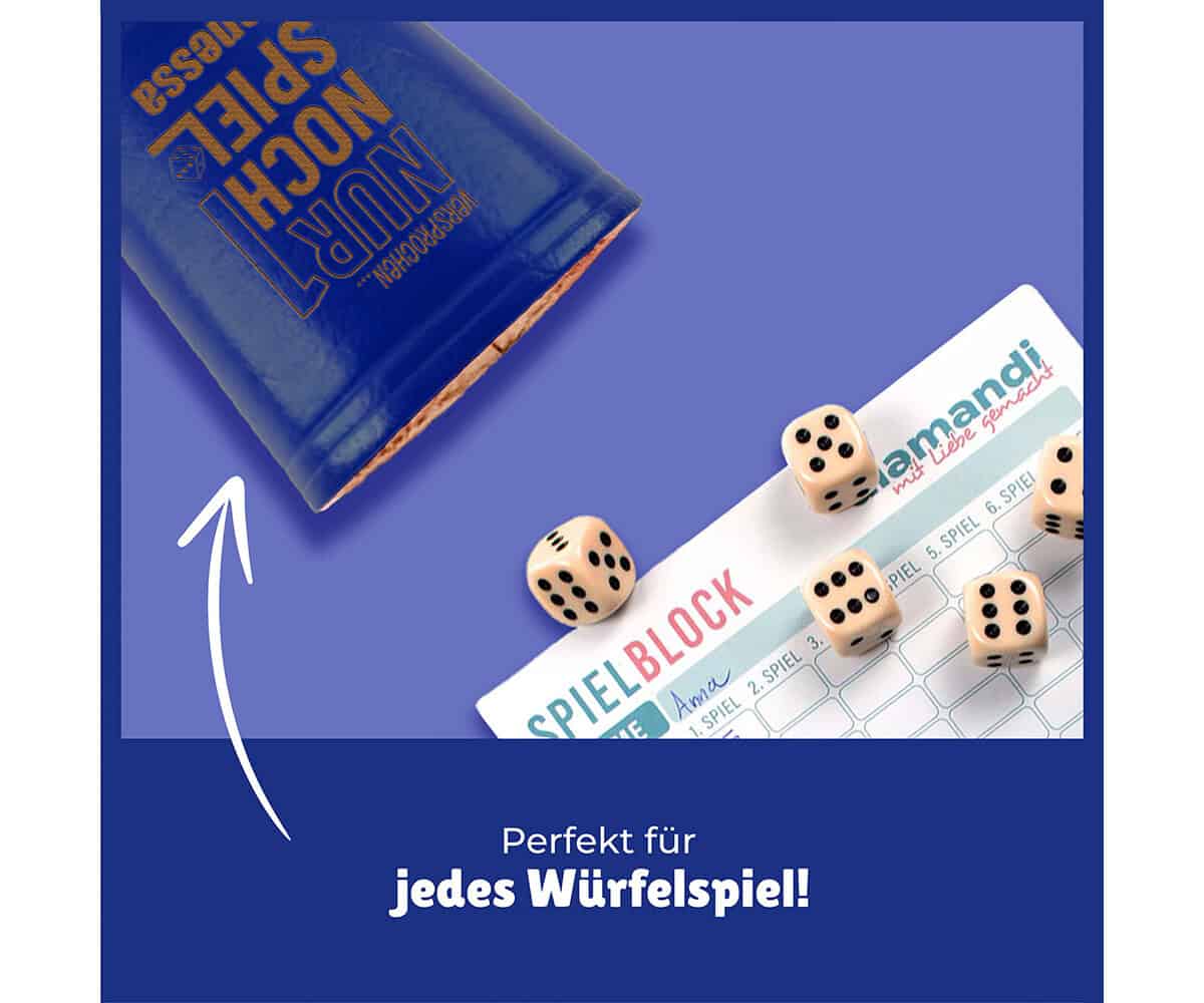 Leder Würfelbecher mit Gravur - Blau - inkl. 5 Würfel