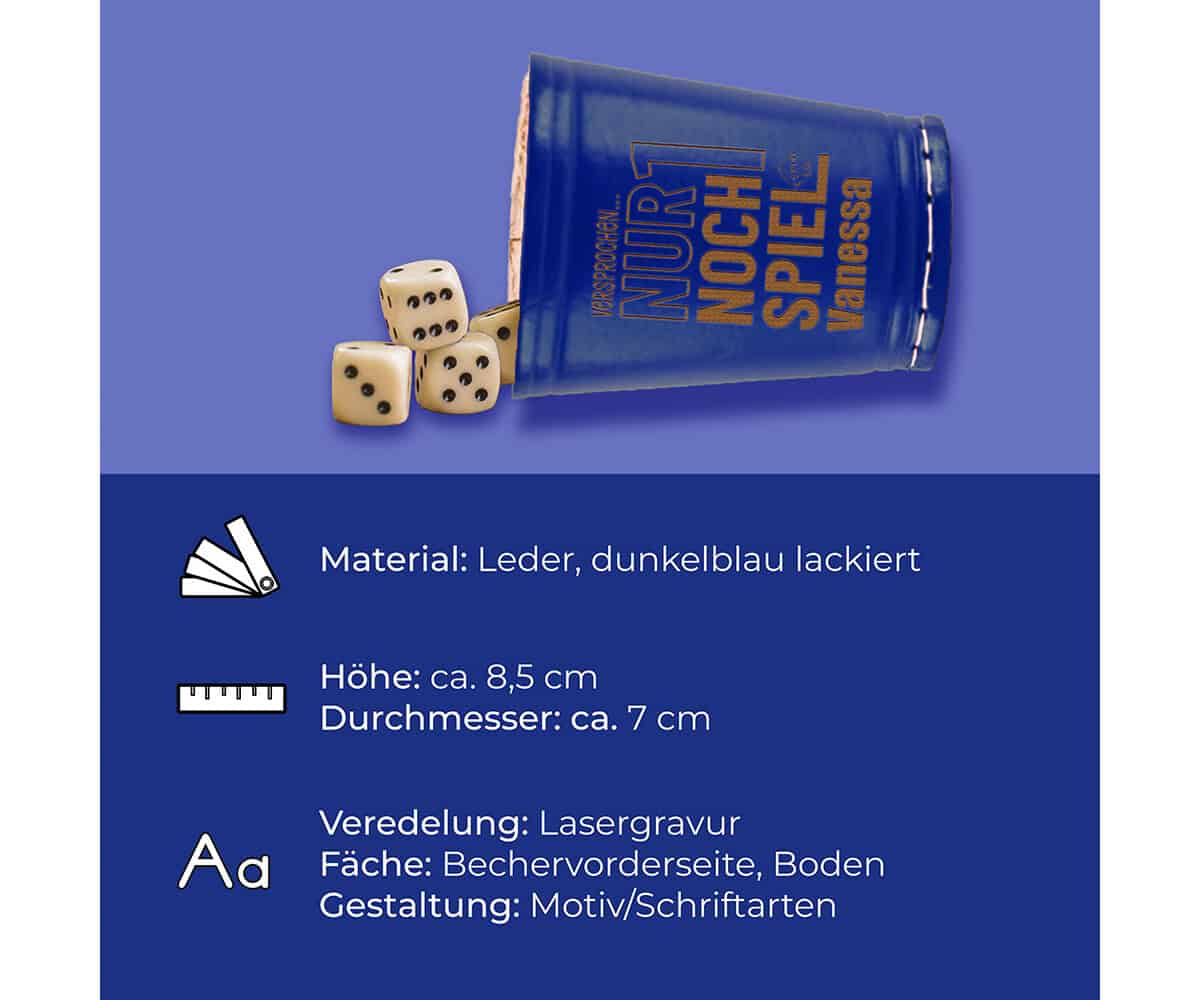 Leder Würfelbecher mit Gravur - Blau - inkl. 5 Würfel