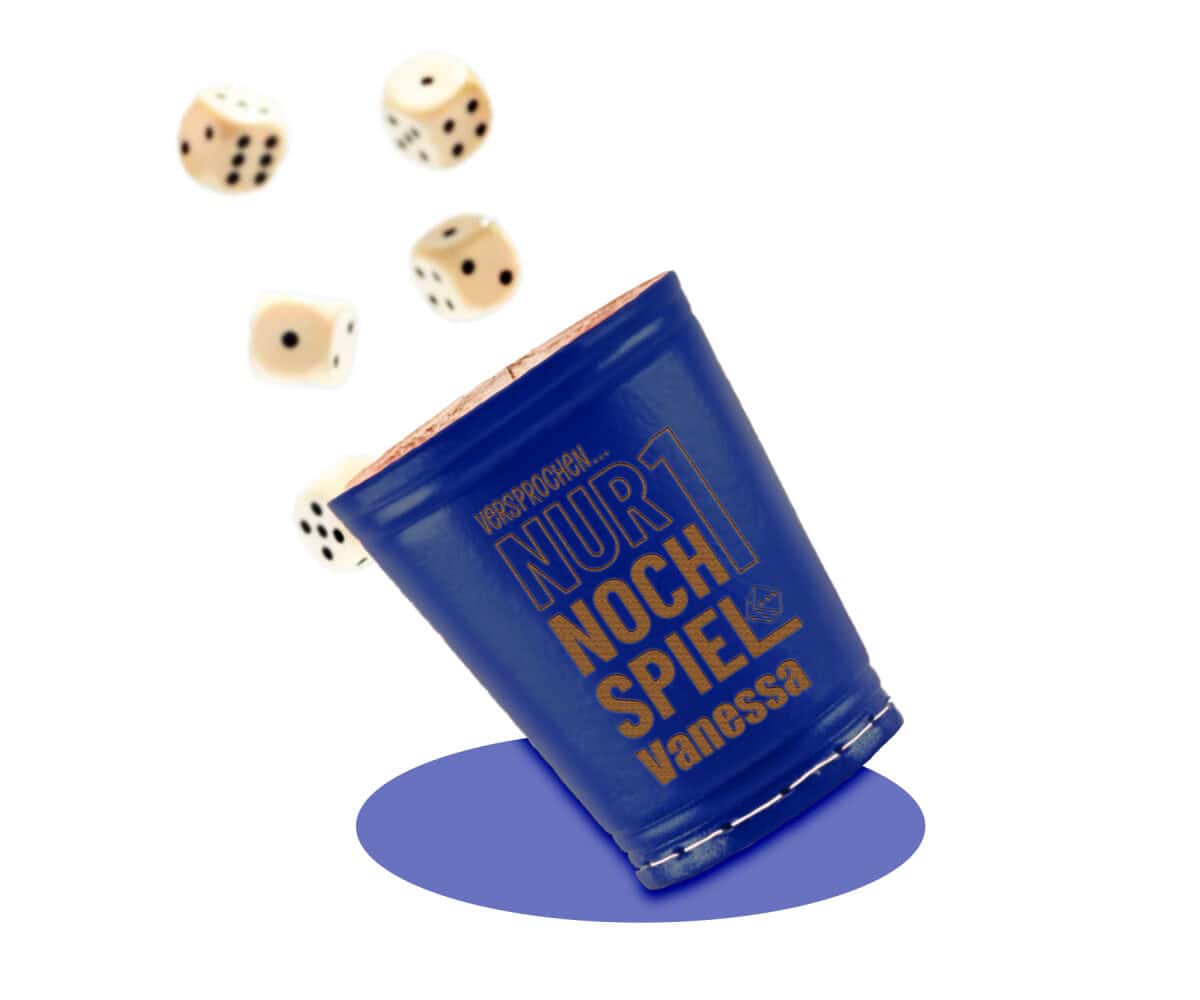 Leder Würfelbecher mit Gravur - Blau - inkl. 5 Würfel